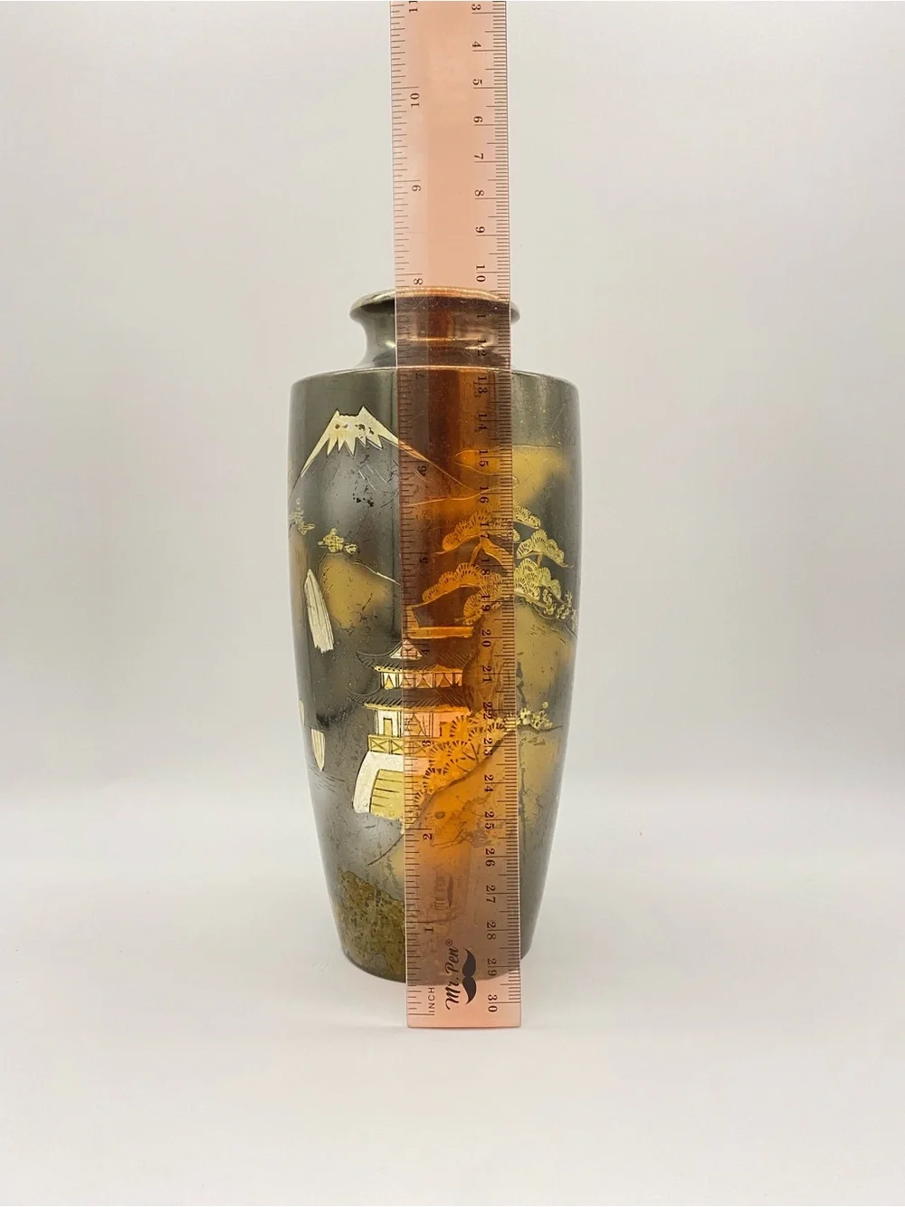 Vintage Japanese Metal Vase Mount Fuji Pagoda Gold Silver Tone Inlay Asian Decor